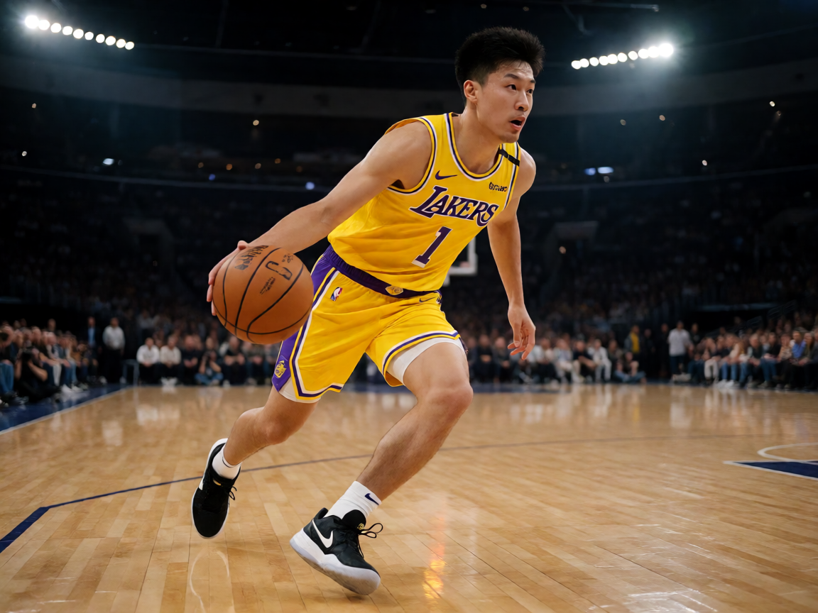 NBA赛场，湖人队球员运球突破画面